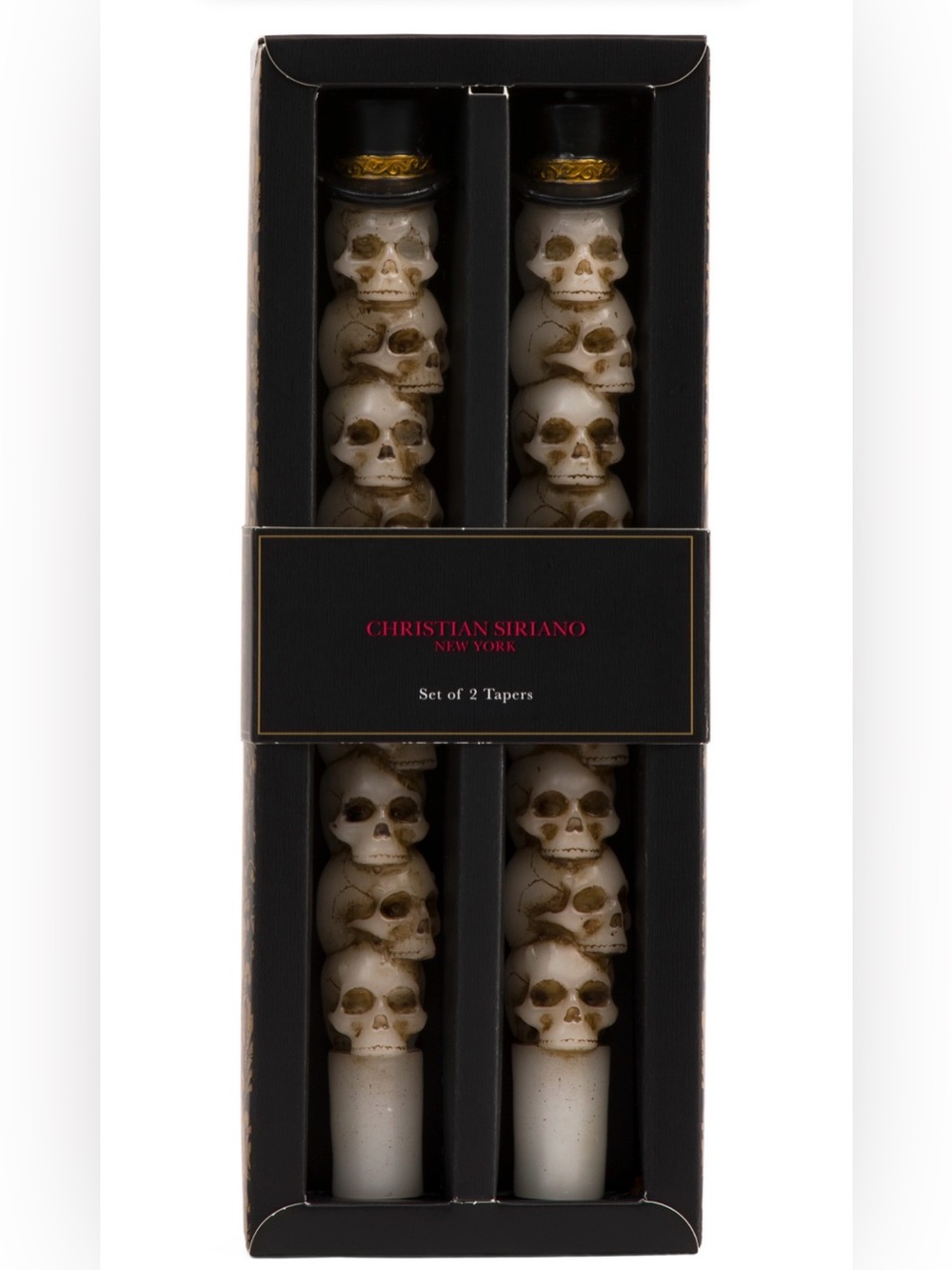 🩶CHRISTIAN SIRIANO HALLOWEEN STACKED TOP HAT SKULLS TAPERS 2PC CANDLES - NWT🩶